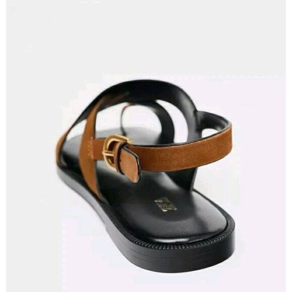 Zara Nwt Suede Leather Slide Strappy Sandals Toe Loop Metal Buckle Sz 6.5 Brown - Picture 3 of 13